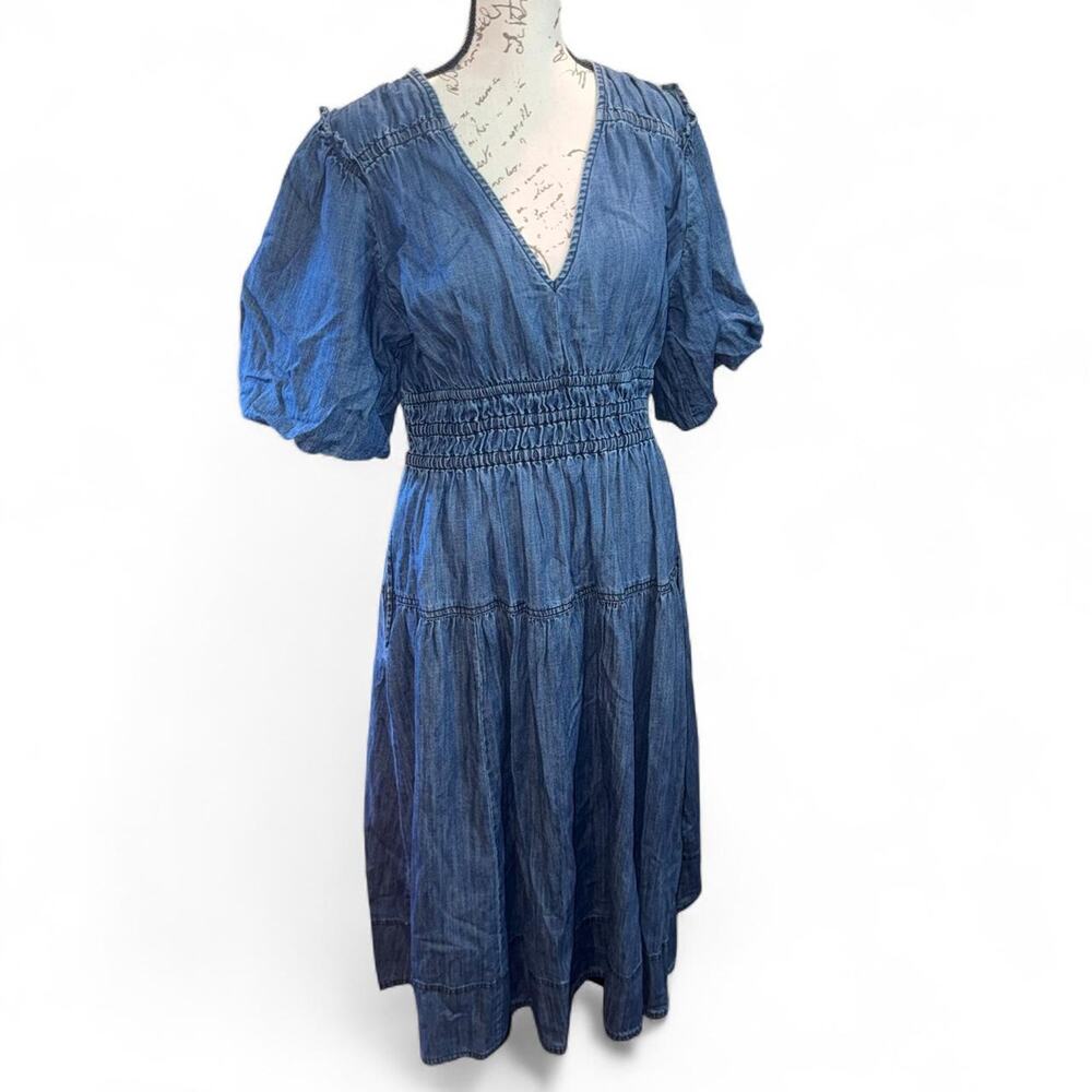 Pilcro Blue Denim Maxi Dress Puffy Sleeves Smock Waist Country Cowgirl M